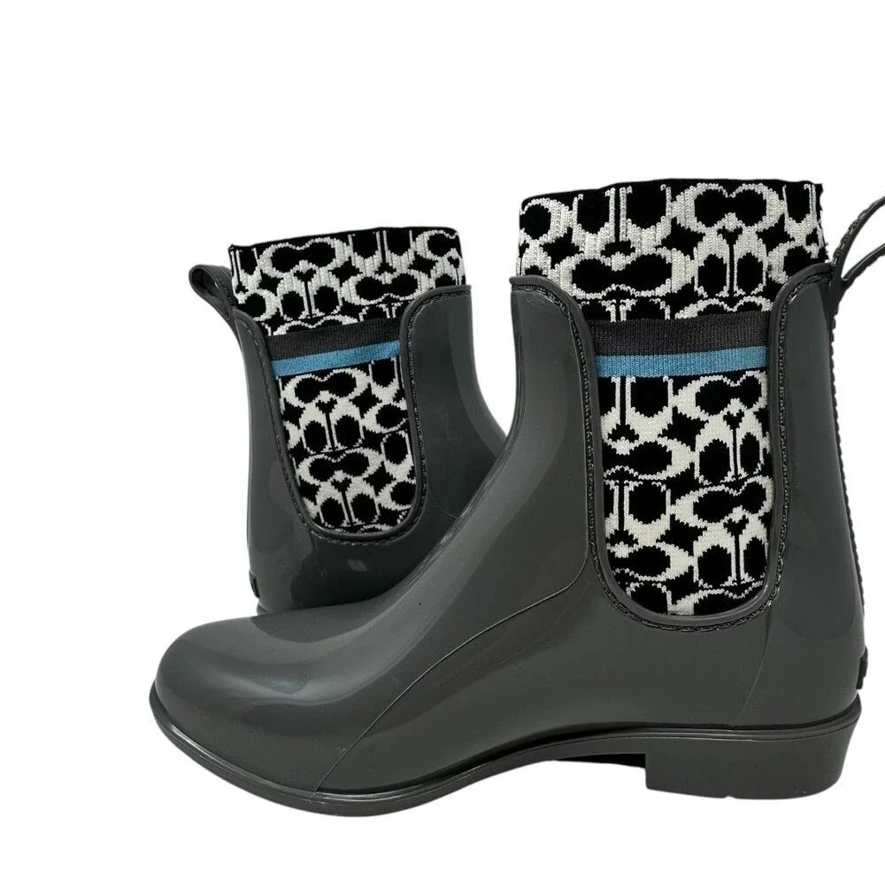 Coach Rivington Rainboots - Gray Rubber‎ w/ Blk and white logo sock - Size 7
